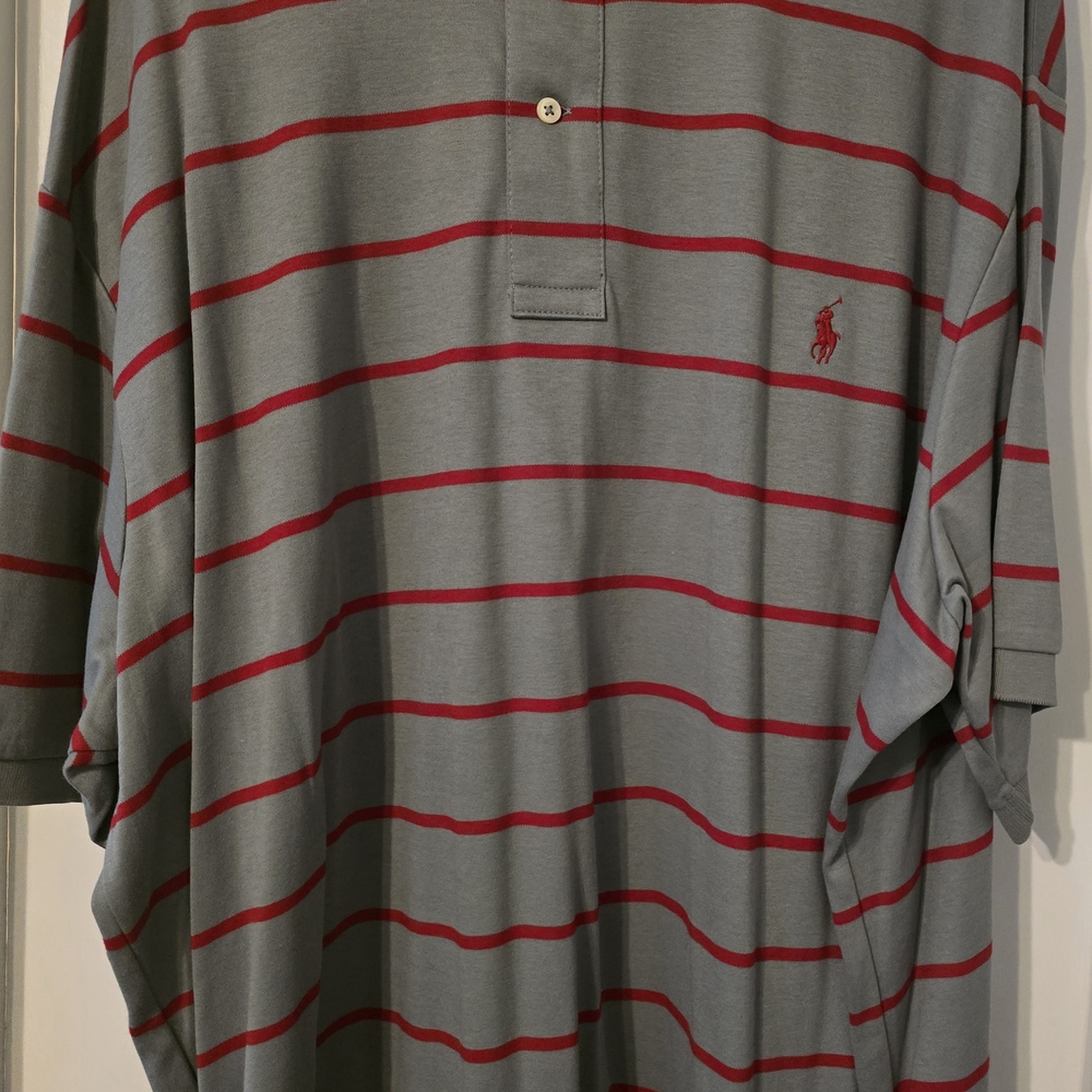 Ralph Lauren Men's Polo Shirt in Gray with Red Stripes